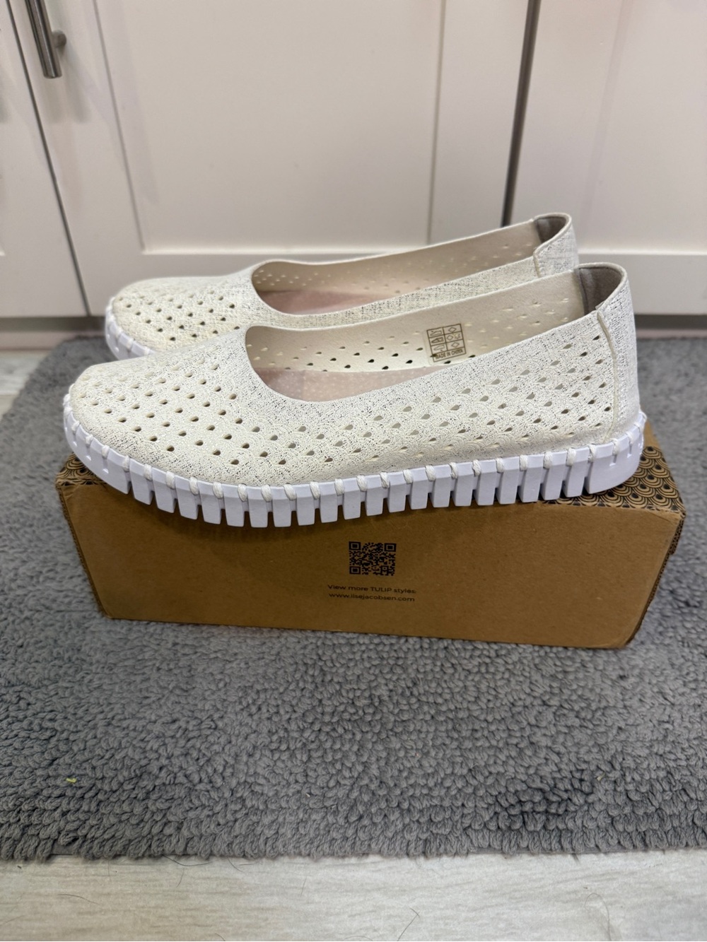White with Silver Shimmer Slip-On Perforated Flats